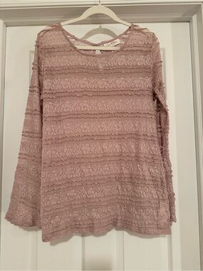 Jessica Simpson Maternity Pink Floral Lace Sheer Bell Sleeve Blouse Blush Pink L
